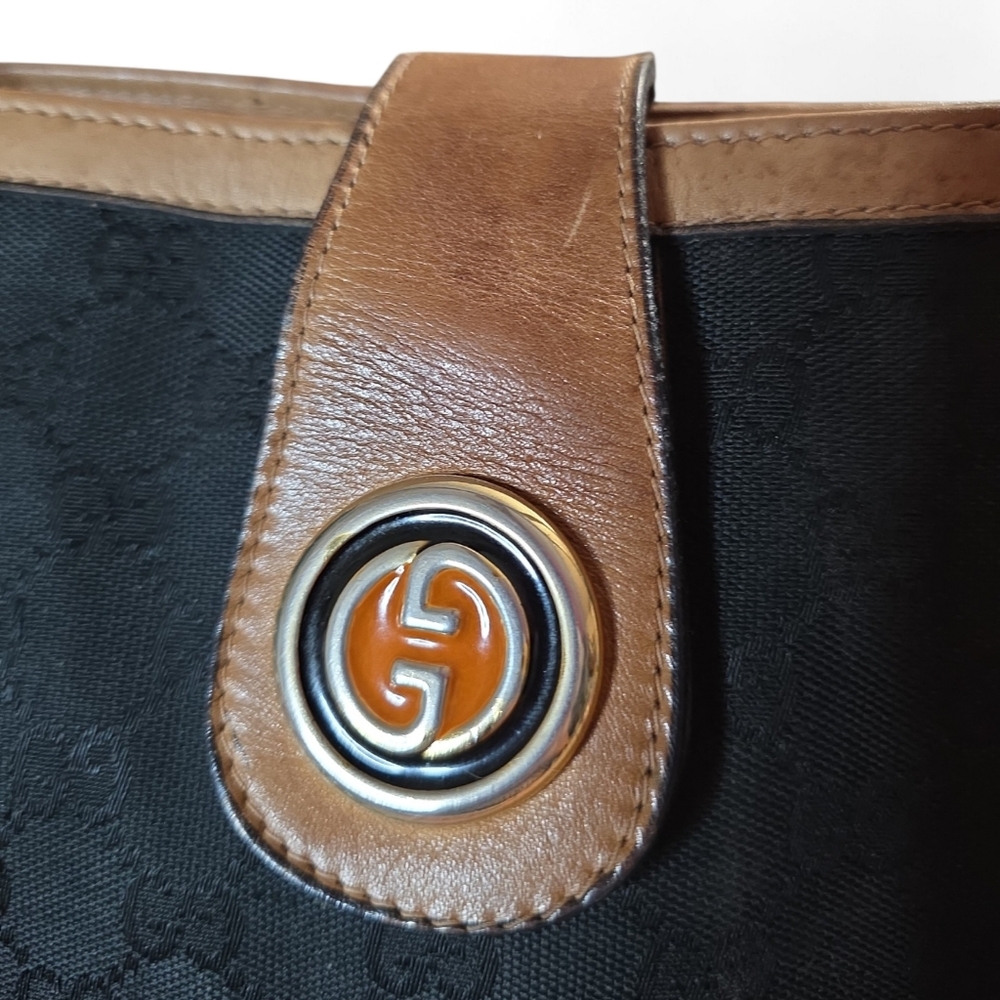 Gucci VTG Black Canvas Shoulder Bag with Brown Leather Trim And Free Bag Insert - Picture 6 of 13
